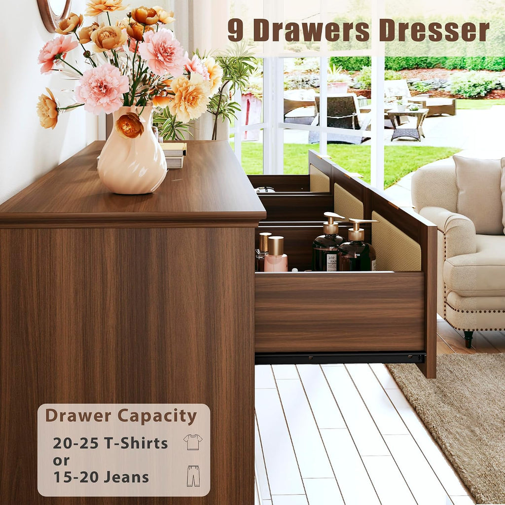 Walnut Rattan 9-Drawer Dresser Stand