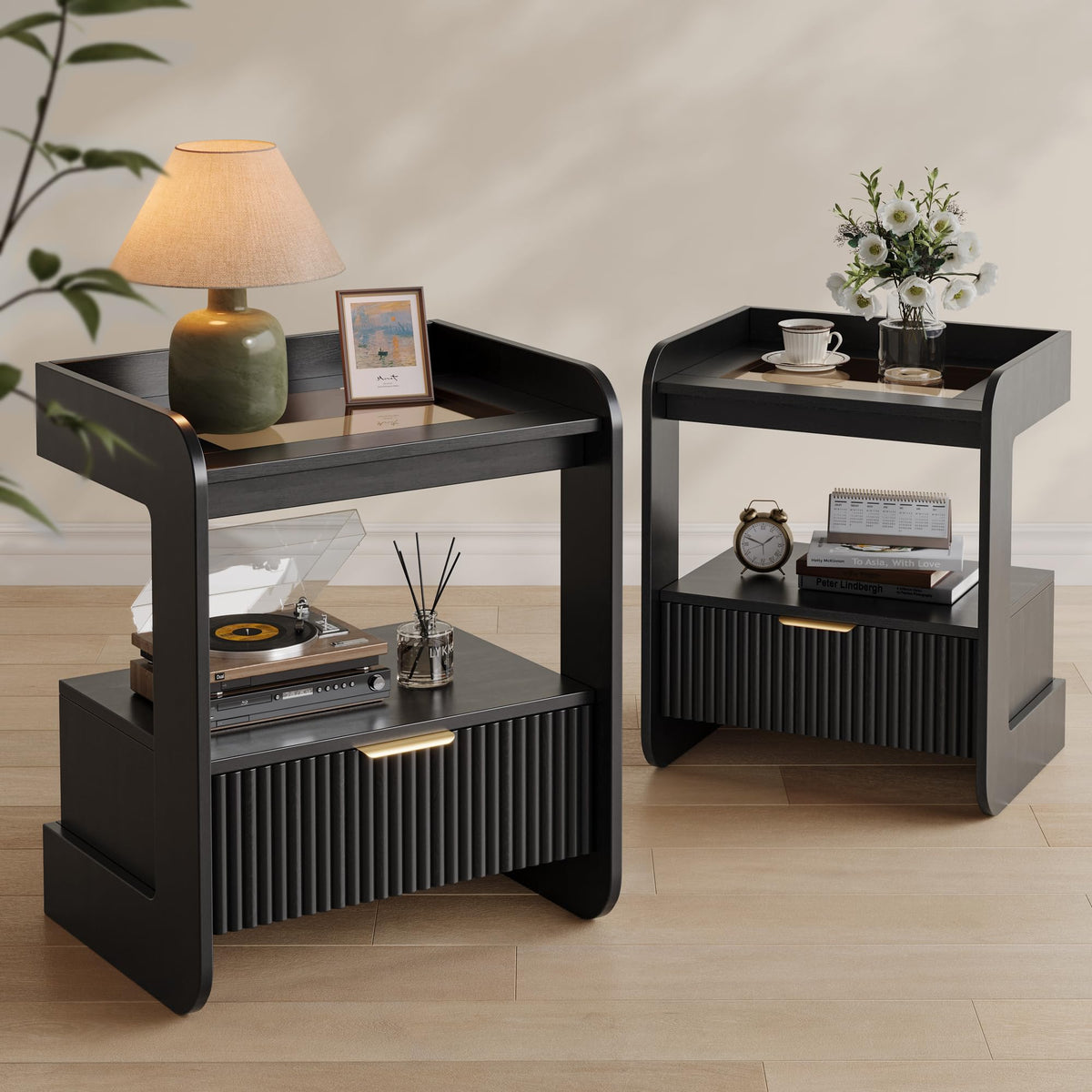 Fluted Amber Glass 2-Piece Nightstands