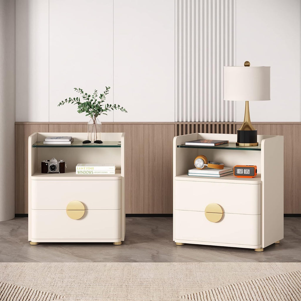 White 2-Drawer Glass Shelf Nightstands