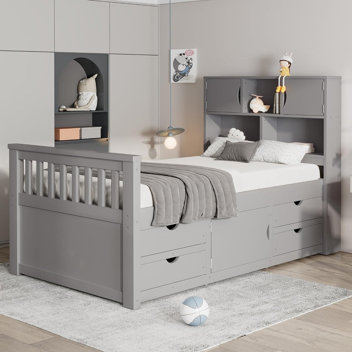 Gray 4-Drawer Storage Twin Captain Bed