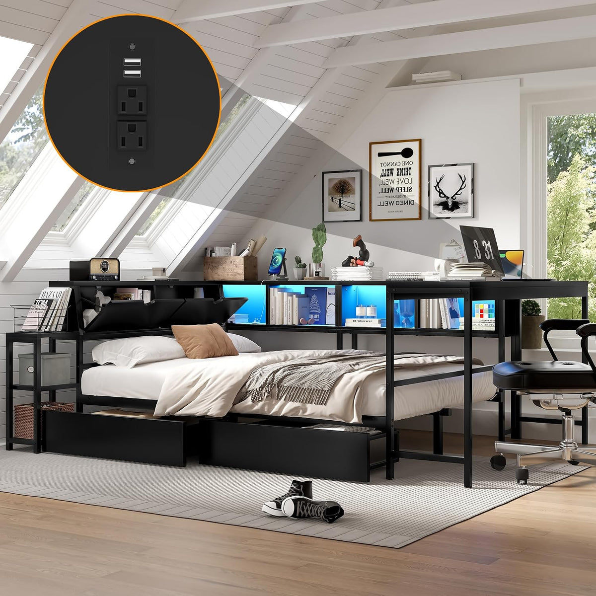 Black LED Charging Corner Queen Bed