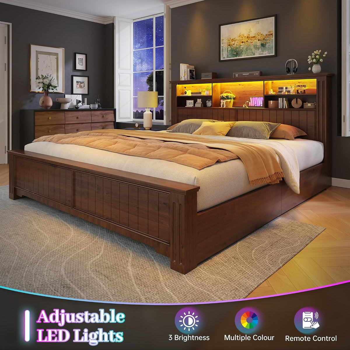 Brown LED Charging Drawer Queen Bed