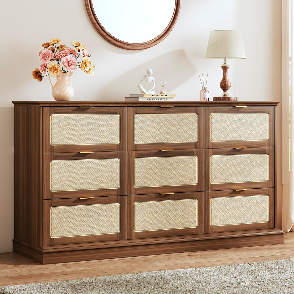 Walnut Rattan 9-Drawer Dresser Stand