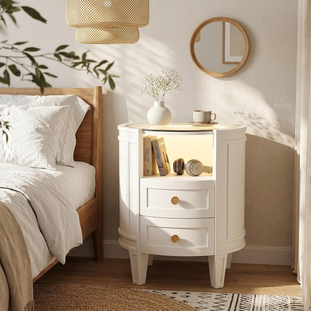 White LED Glass 2-Drawer Nightstand