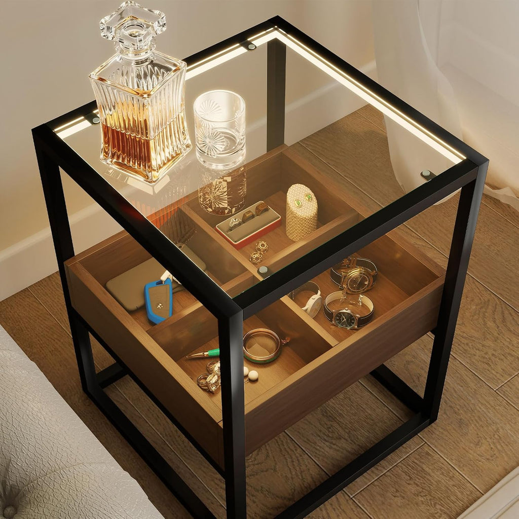 Glass LED USB Grid Storage Nightstand