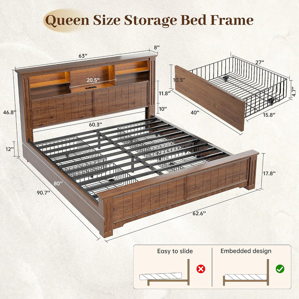 Brown LED Charging Drawer Queen Bed