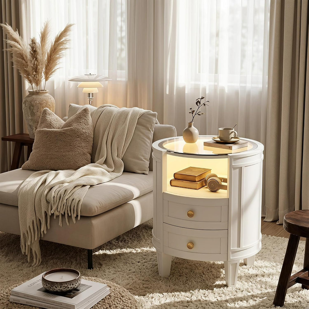 White LED Glass 2-Drawer Nightstand