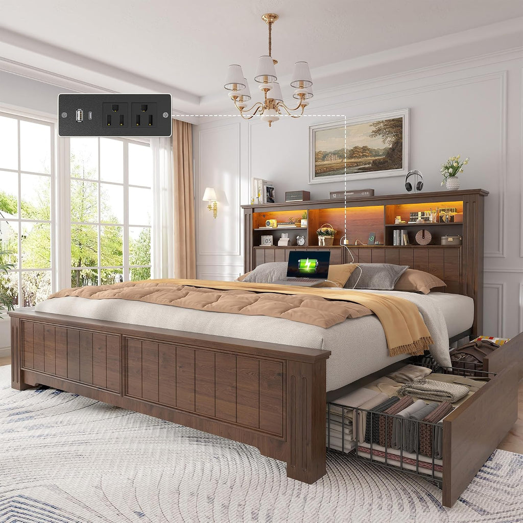 Brown LED Charging Drawer Queen Bed