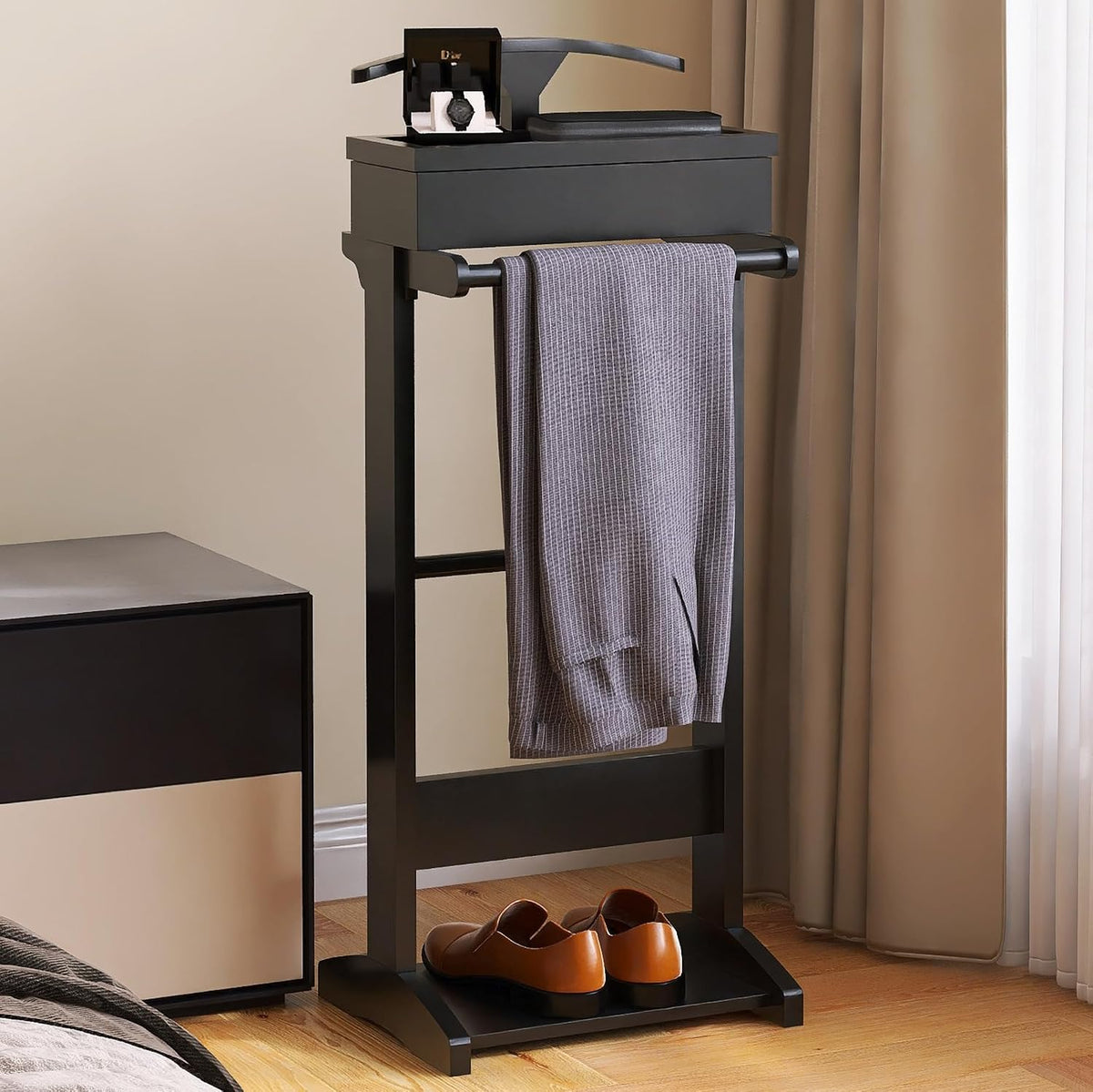 Wood Flip Tray Wooden Suit Valet Stand