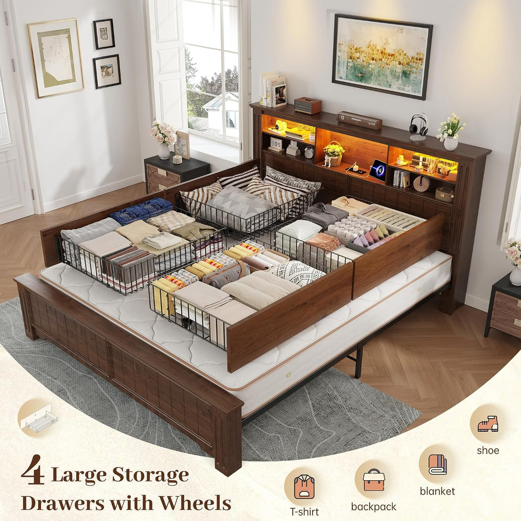 Brown LED Charging Drawer Queen Bed