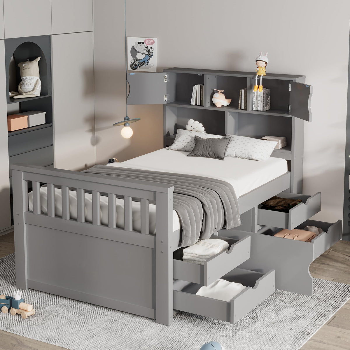 Gray 4-Drawer Storage Twin Captain Bed
