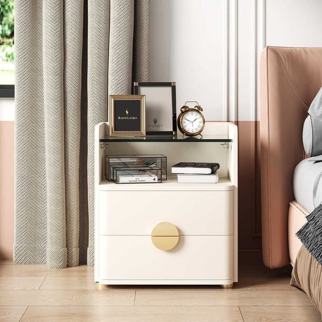 White 2-Drawer Glass Shelf Nightstands