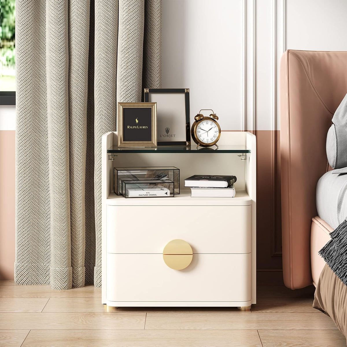 White 2-Drawer Glass Shelf Nightstands