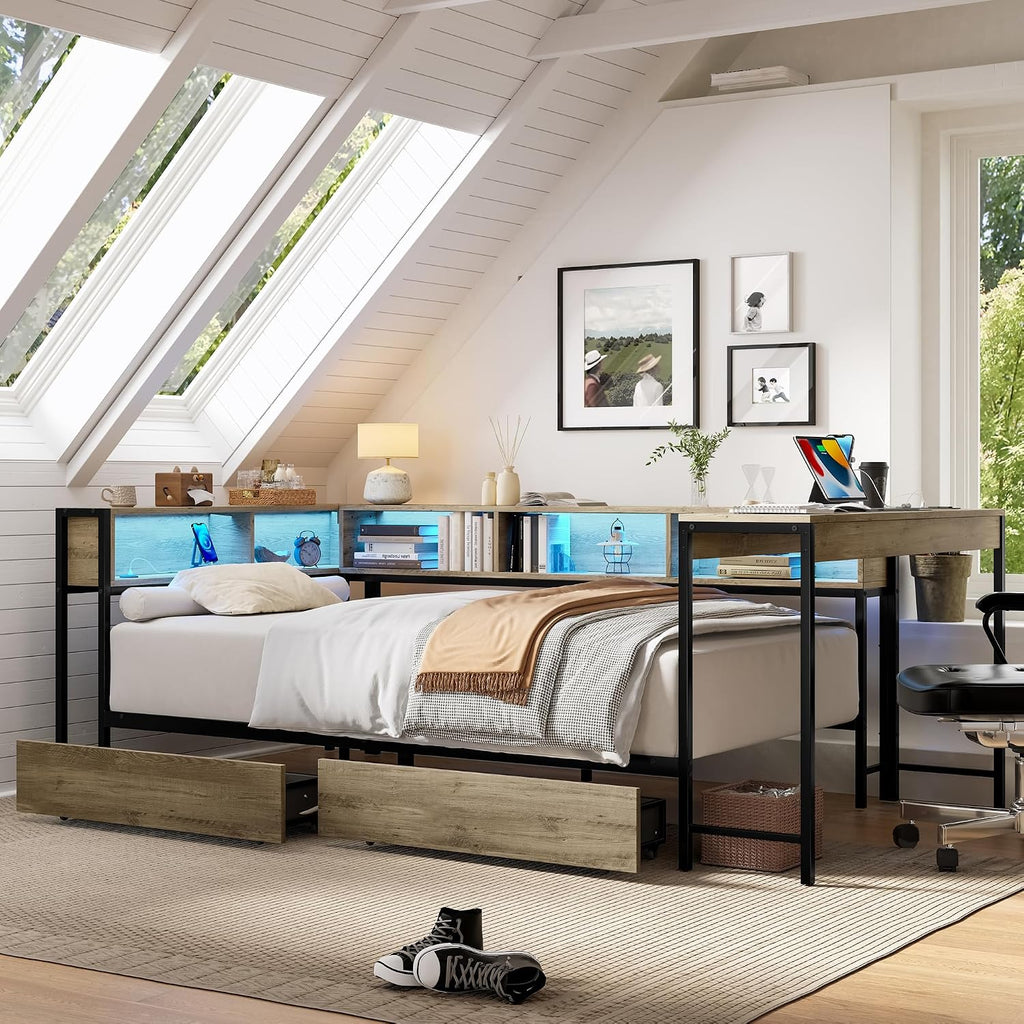 Grey LED Charging Corner Twin Bed