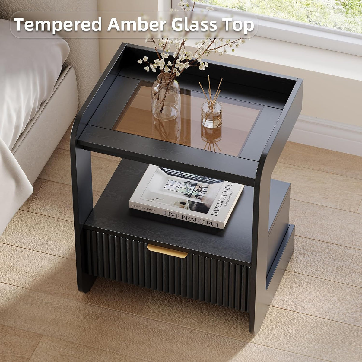 Fluted Amber Glass 2-Piece Nightstands