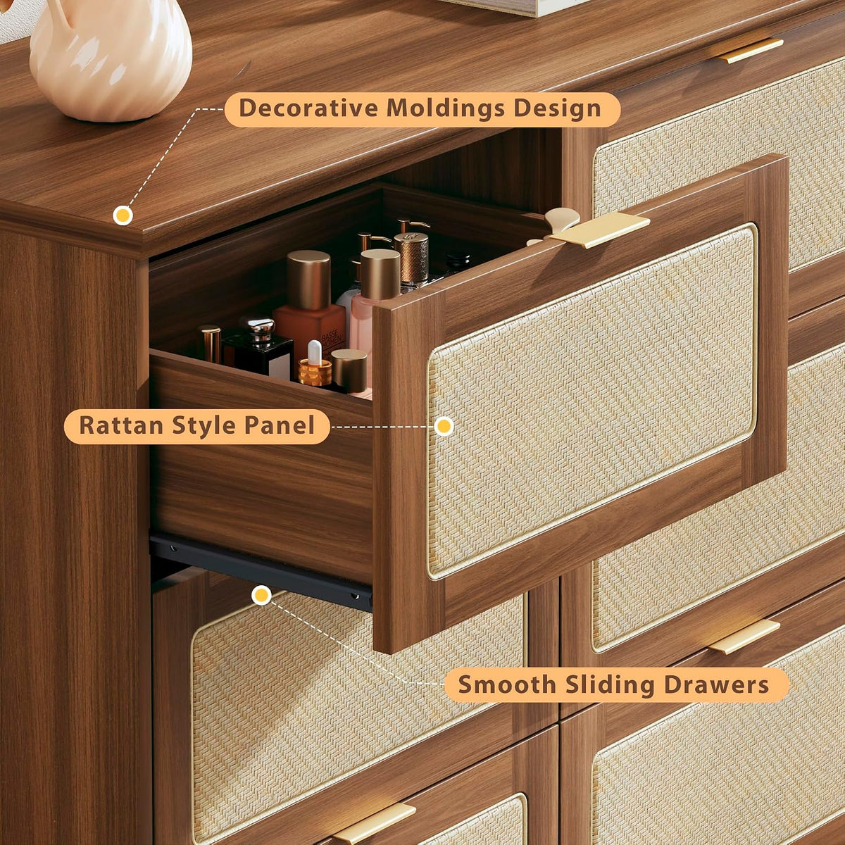 Walnut Rattan 9-Drawer Dresser Stand