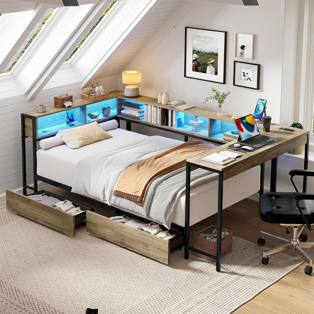 Grey LED Charging Corner Twin Bed