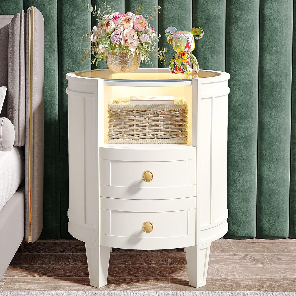 White LED Glass 2-Drawer Nightstand